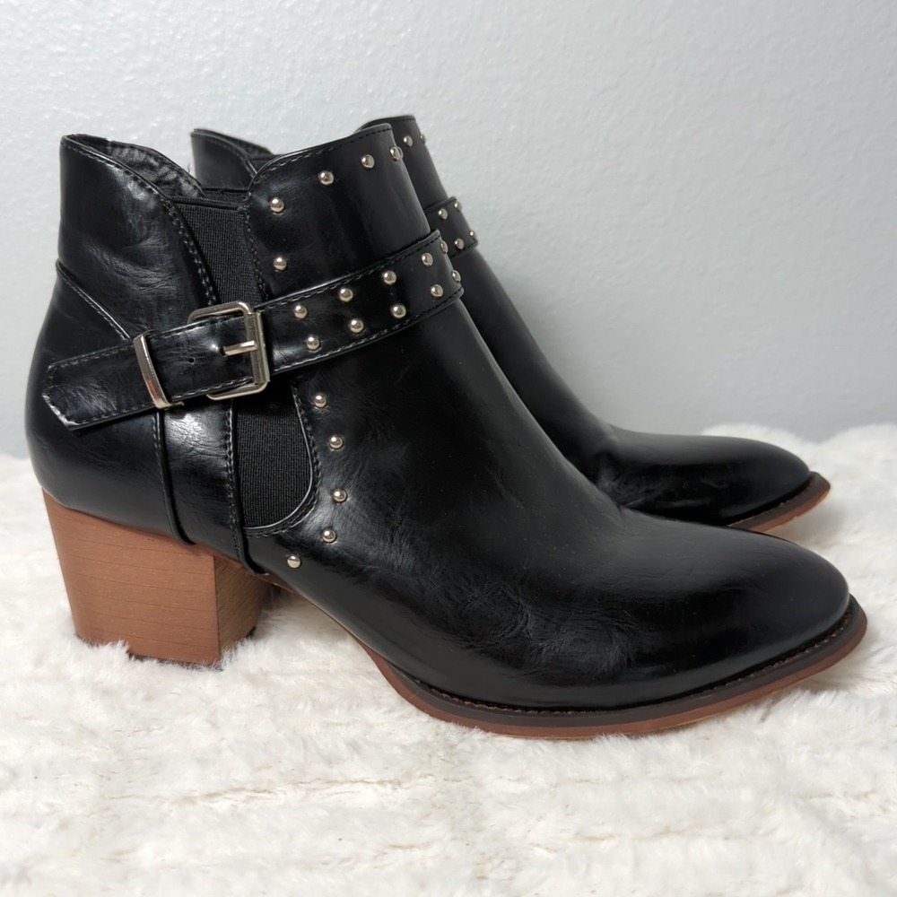 Olivia Miller Black, Studded, Slip‎ On, 2" Heel Ankle Boots, Women's Size 8.5 M